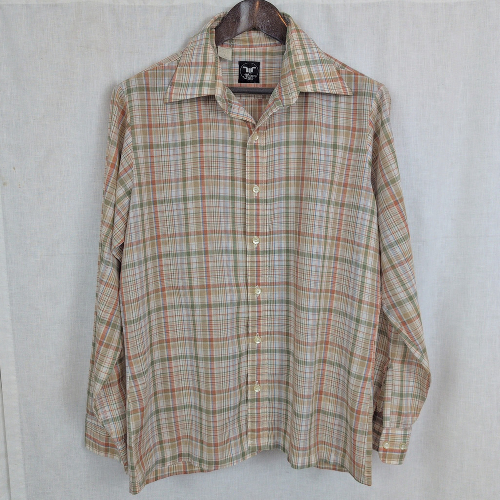 Men's 70's Vintage Long Sleeve Lightweight Plaid Button Up Shirt Large